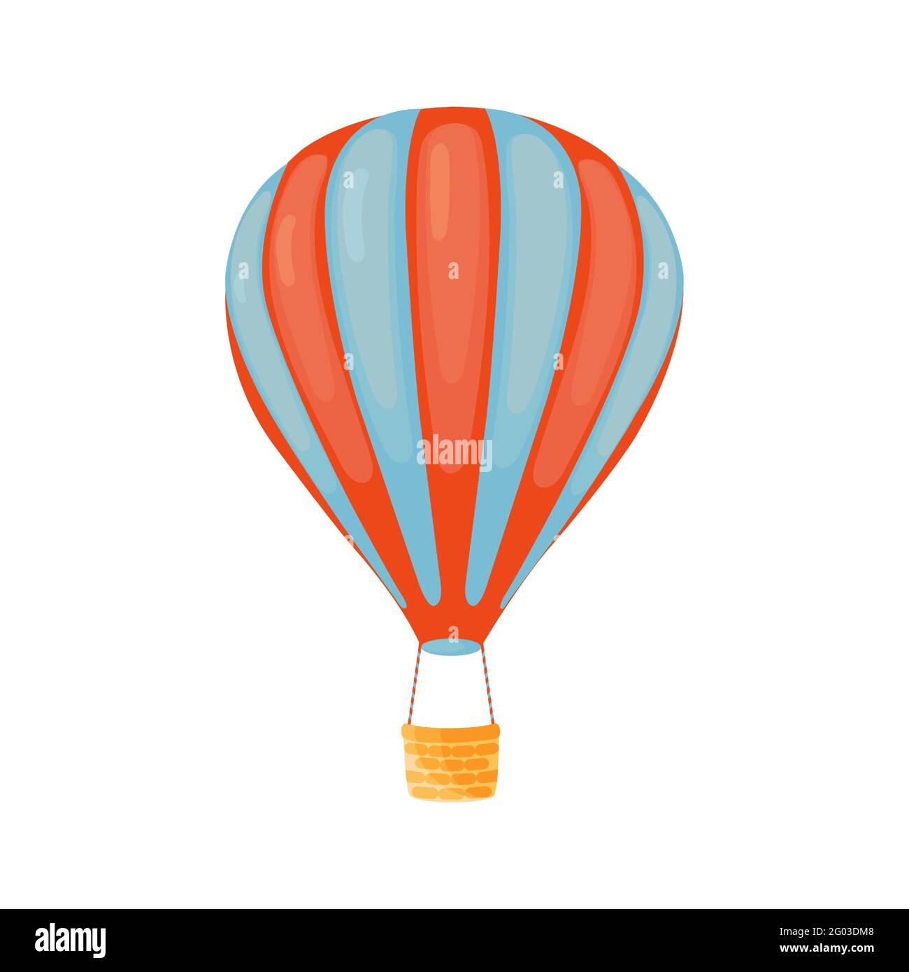 Gestreifter rot-blauer Heißluftballon mit Korb im Cartoon-Stil isoliert auf weißem Hintergrund. Flaches Design mit Heißluftballon. Abenteuer Tourismus Konzept. Stock Vektor