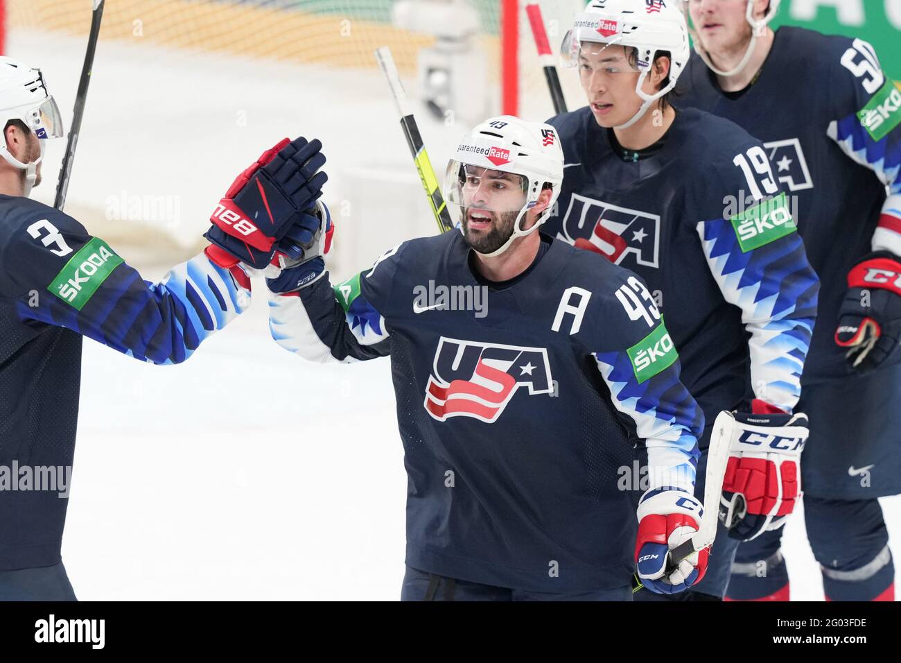 Riga, Arena Riga, Usa. 31. Mai 2021. Gegen Deutschland (2021 IIHF Eishockey-Weltmeisterschaft), #43 Colin Blackwell (Vereinigte Staaten) erzielt die 2-0 bei leerem Netz (Schweiz/Kroatien AUS) Kredit: SPP Sport Pressefoto. /Alamy Live News Stockfoto