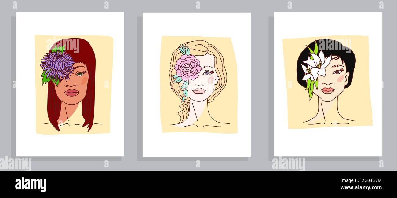 Poster Set von abstrakten jungen Frauen Gesichter Porträts mit Blumen Im Linienstil Pastell Farbe Doodle Vektor Illustration Stock Vektor