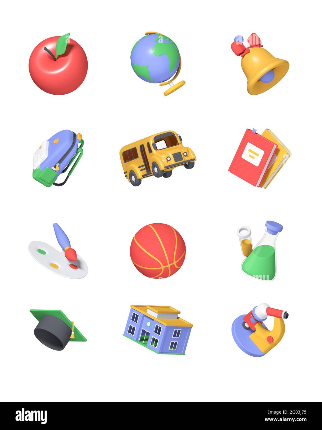 Zurück in die Schule - Bunte 3d-Icons gesetzt. Bildungskonzept. Schultasche, Globus, Pinsel und Farben, Mikroskop, Bus, Bücher, Glocke, akademische Kappe, Kolben, App Stockfoto