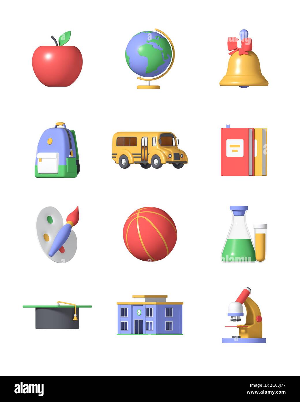 Zurück in die Schule - Bunte 3d-Icons gesetzt. Bildungskonzept. Schultasche, Globus, Pinsel und Farben, Mikroskop, Bus, Bücher, Glocke, akademische Kappe, Kolben, App Stockfoto