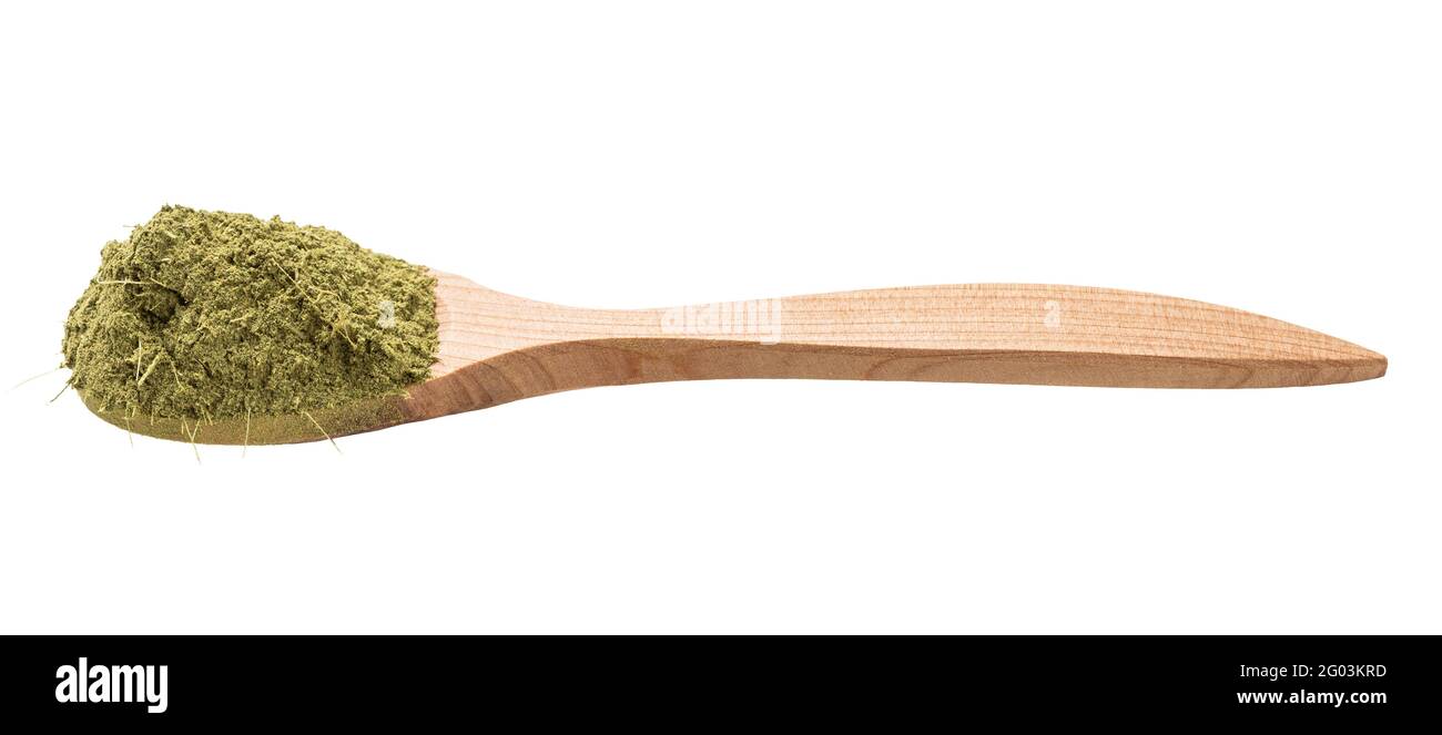 Gefrästes Stevia rebaudiana Kraut (natürlicher Zuckerersatz) In Holzlöffel isoliert auf weißem Hintergrund Stockfoto