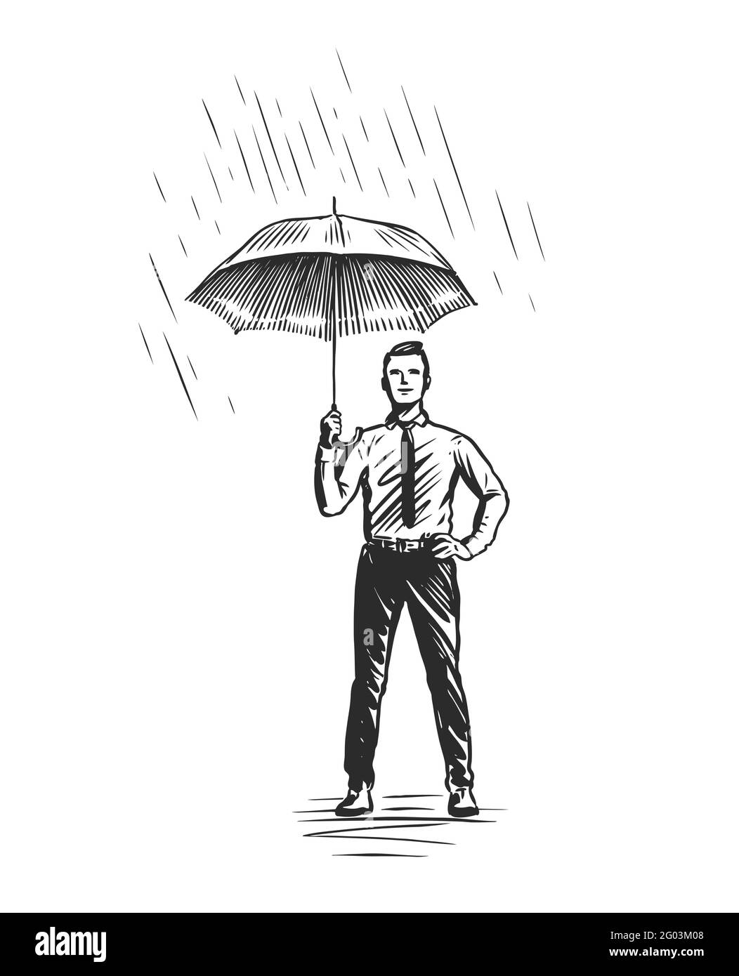 Geschäftsmann mit Regenschirm, der unter Regen steht. Vektordarstellung des Geschäftsschutzkonzepts Stock Vektor