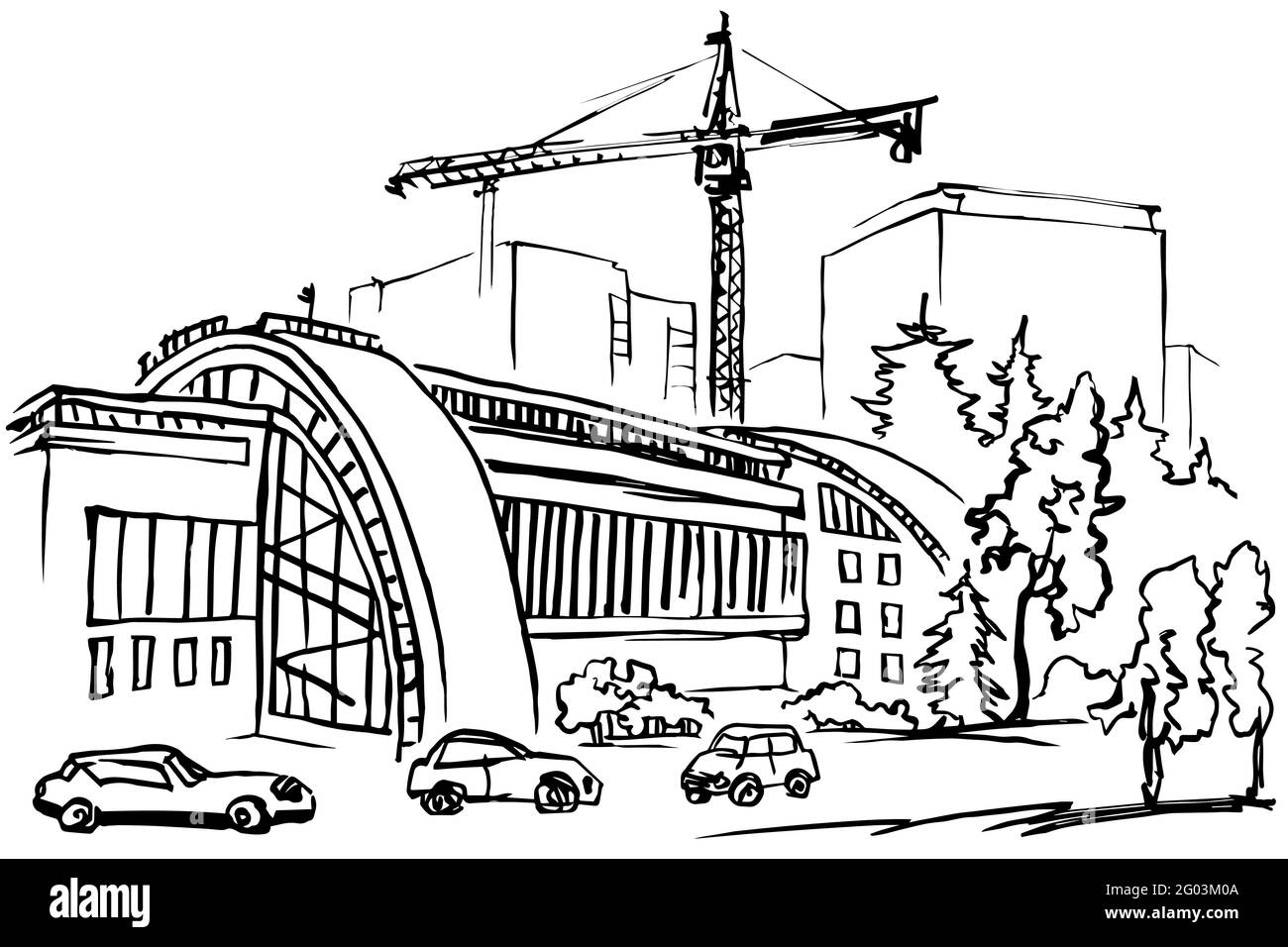 Modernes Gebäude mit Autos auf einem Parkplatz vor dem Hintergrund von Häusern und einem Kran. Schwarz-weiße lineare Skizze. Stock Vektor