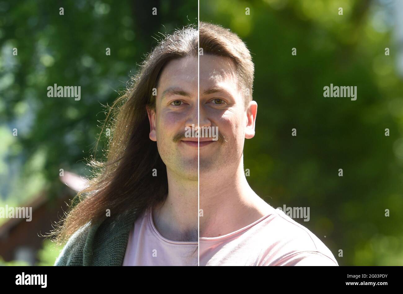 Bad Heilbrunn, Deutschland. Mai 2021. KOMBO: (Links vorher/rechts nachher) der DEL-Nationalspieler Konrad Abeltshauser vom EHC Red Bull München lässt sich für einen guten Zweck die Haare abschneiden. Sein Haar wird verwendet, um eine Perücke mit menschlichem Haar zu machen, die einem jungen Krebspatienten ein Stück Normalität zurückgibt. Quelle: Felix Hörhager/dpa/Alamy Live News Stockfoto