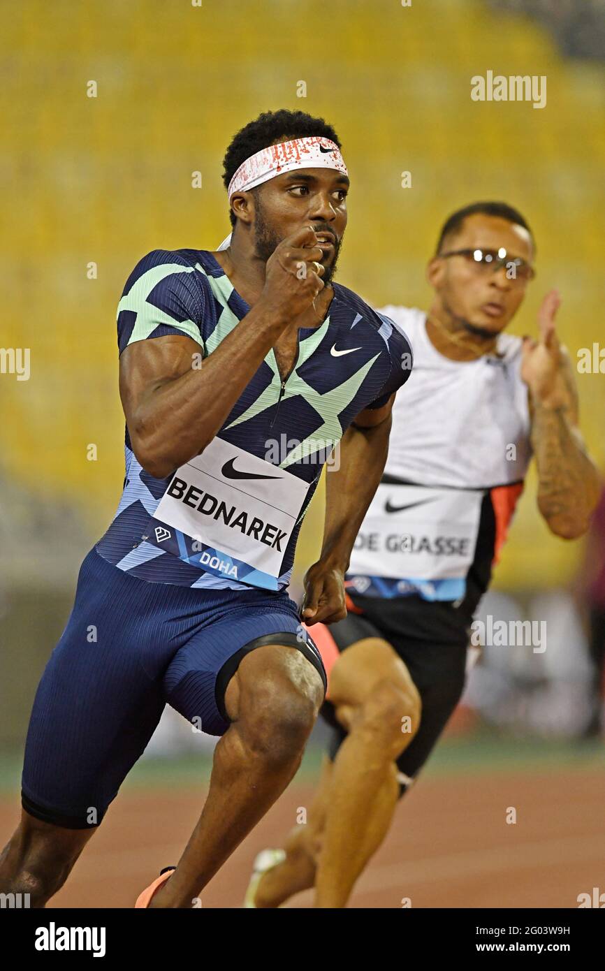 Kenny Bednarek (USA) gewinnt die 200 m im Jahr 19.88 während des World Athletics Doha Diamond League-Treffens im Suhaim bin Hamad Stadium in Doha, Katar, Stockfoto