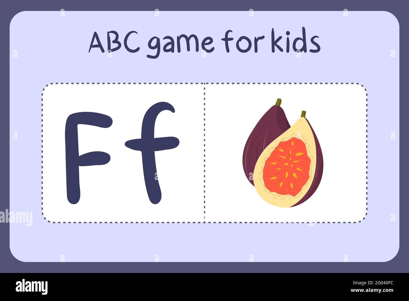 Kind Alphabet Mini-Spiele im Cartoon-Stil mit dem Buchstaben F - Abb. Vektor-Illustration für Spiel-Design - Schneiden und spielen. Lerne abc mit Flash-Karten für Obst und Gemüse. Stock Vektor