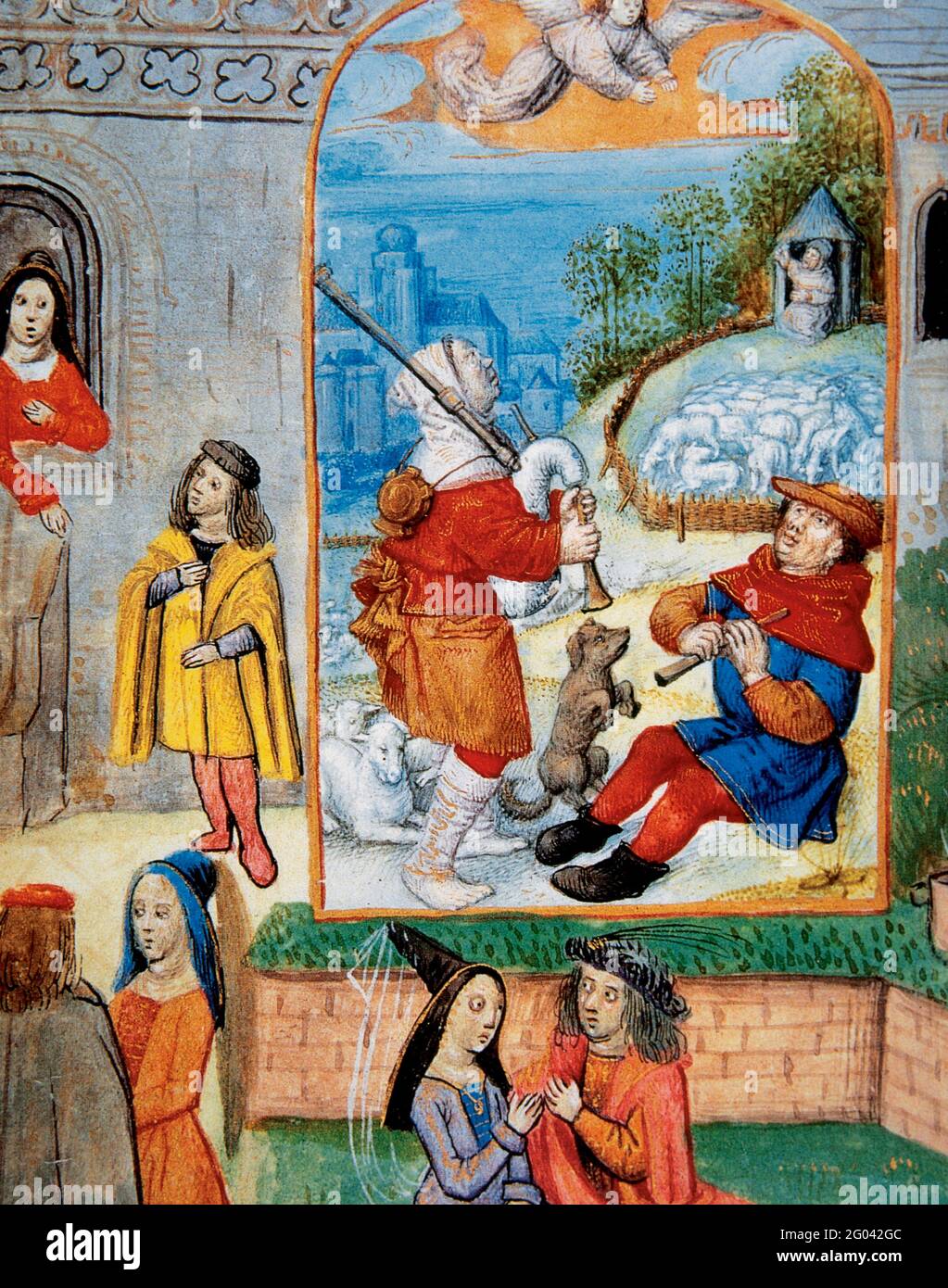 Mittelalterliche Gesellschaft. Miniatur aus dem 15. Jahrhundert, die das Leben der Dorfbewohner darstellt. Conde Museum. Chantilly. Frankreich. Stockfoto
