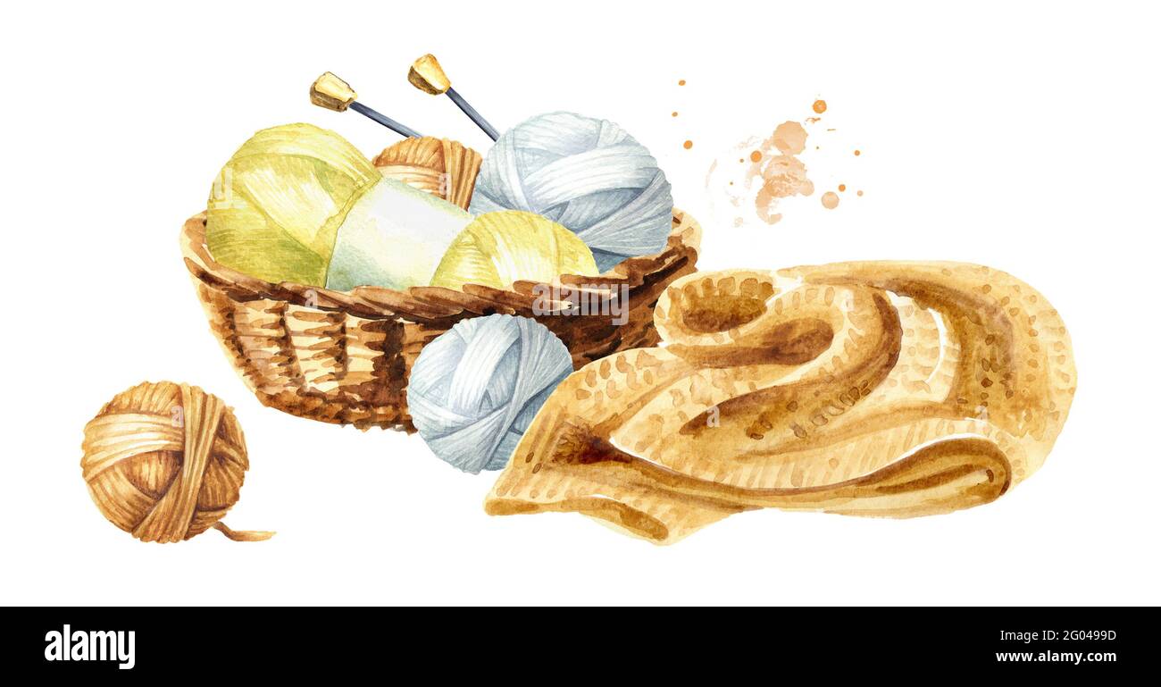 Strickgarnkugeln, Stricknadeln und ein gestrickter Pullover. Strickkonzept, Aquarell handgezeichnete Illustration, isoliert auf weißem Hintergrund Stockfoto