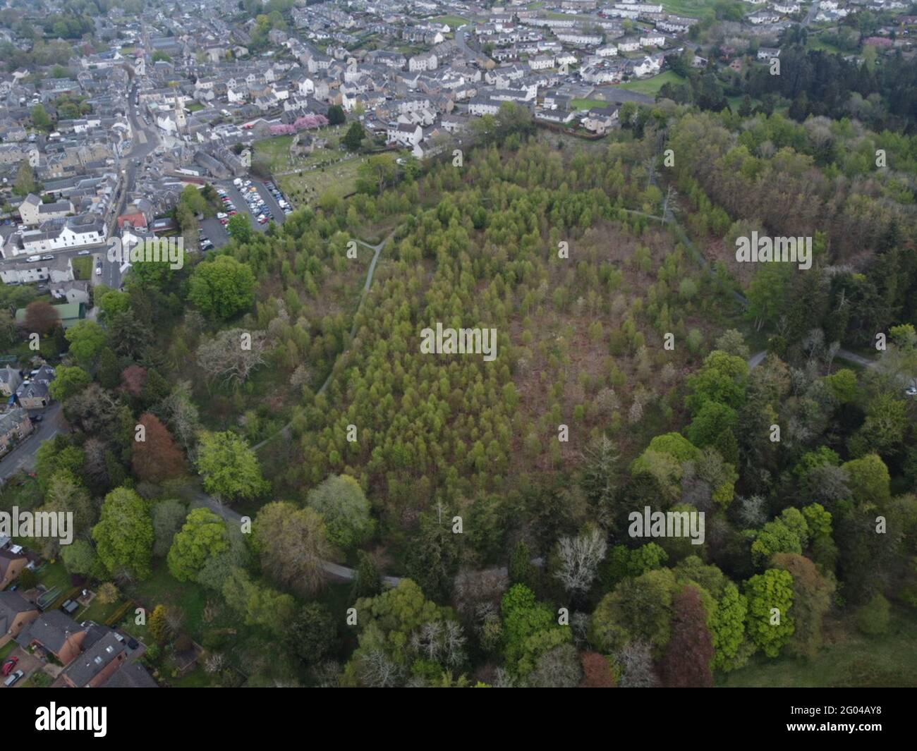 SELKIRK, SCHOTTLAND. 11. Mai 2021. Luftaufnahme des Haining House and Estate in Selkirk, Scottish Borders. Stockfoto