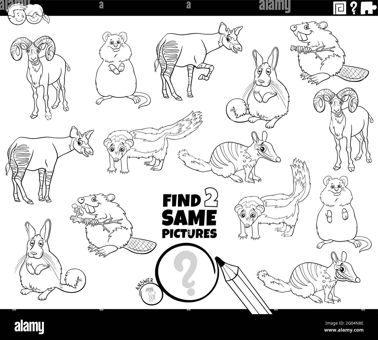 Schwarz-Weiß-Cartoon-Illustration der Suche nach zwei gleichen Bildern Educational Spiel mit Comic wild animals Zeichen Färbung Buch Seite Stock Vektor