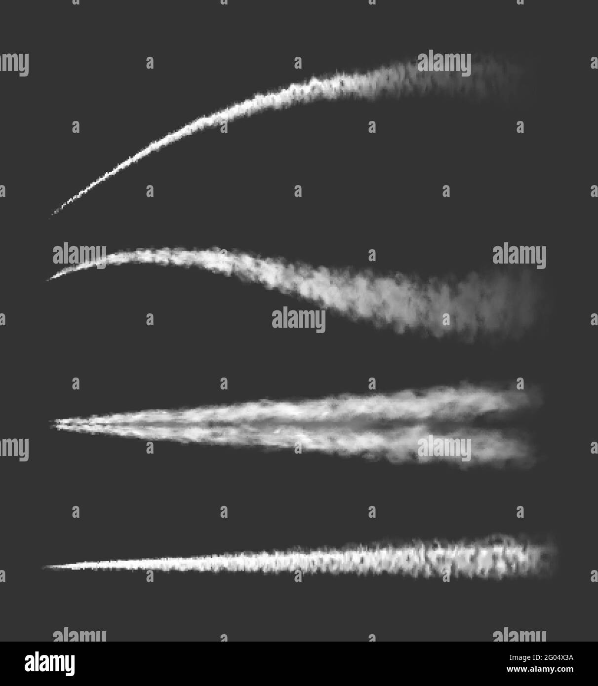 Chemtrails von Flugzeugen oder Dampfdüsen und Rauchspuren von Flugzeugen vektoren realistische weiße Wolken. Flugzeug contrail oder Raumschiff Rakete starten Rauch Spur Stock Vektor