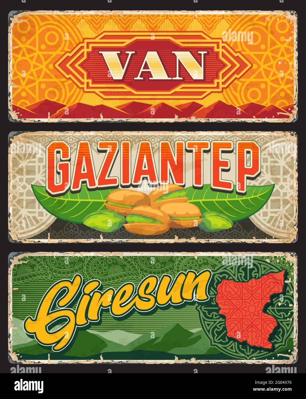 Van, Gaziantep und Giresun Il, Türkei Provinzen vintage Teller oder Banner. Vector gealterte Reisezielschilder. Retro-Grunge-Bretter, antike abgenutzte Schwein Stock Vektor