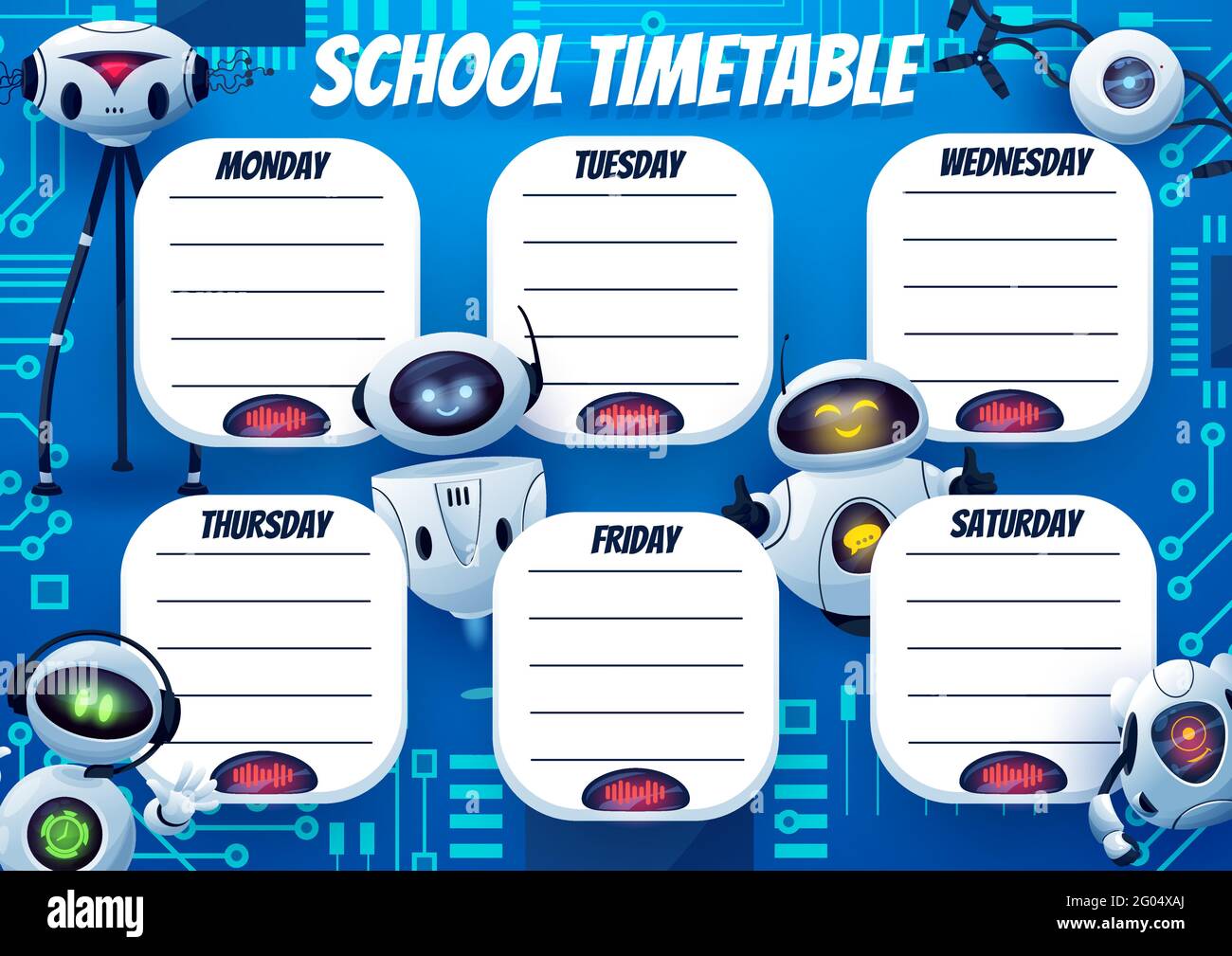 Stundenplan der Schule mit lustigen Robotern, wöchentlicher Stundenplaner für den Unterricht, Vektorhintergrund. Kinder Schule oder Kindergarten Bildung Zeitplan und Unterricht Stock Vektor