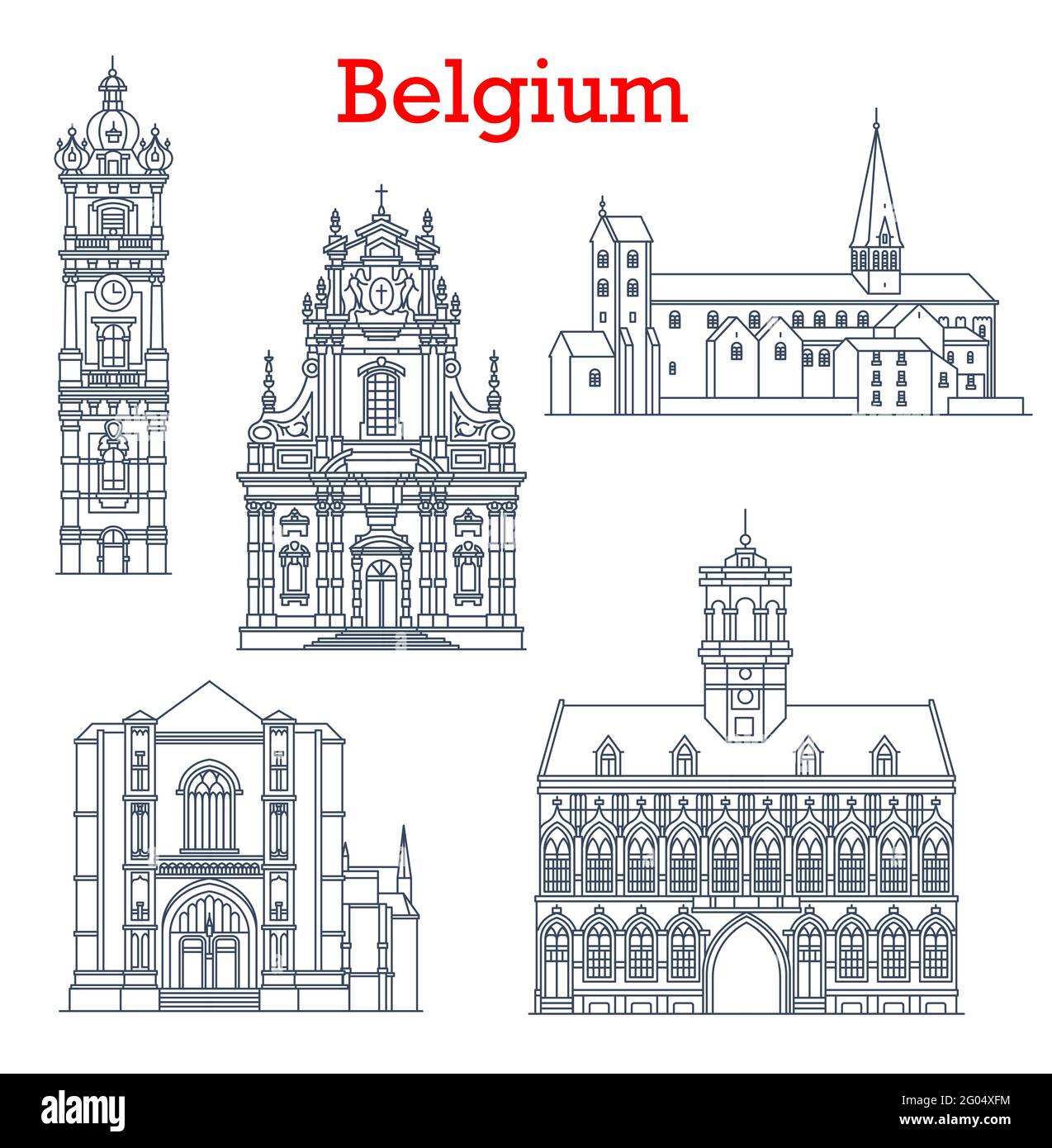 Belgien Wahrzeichen Architektur und Gebäude von Mons, Binche und Brügge Stadt, Vektor-Ikonen. Berühmte belgische Kathedralen, die Stiftskirche St. Waltrude und S. Stock Vektor