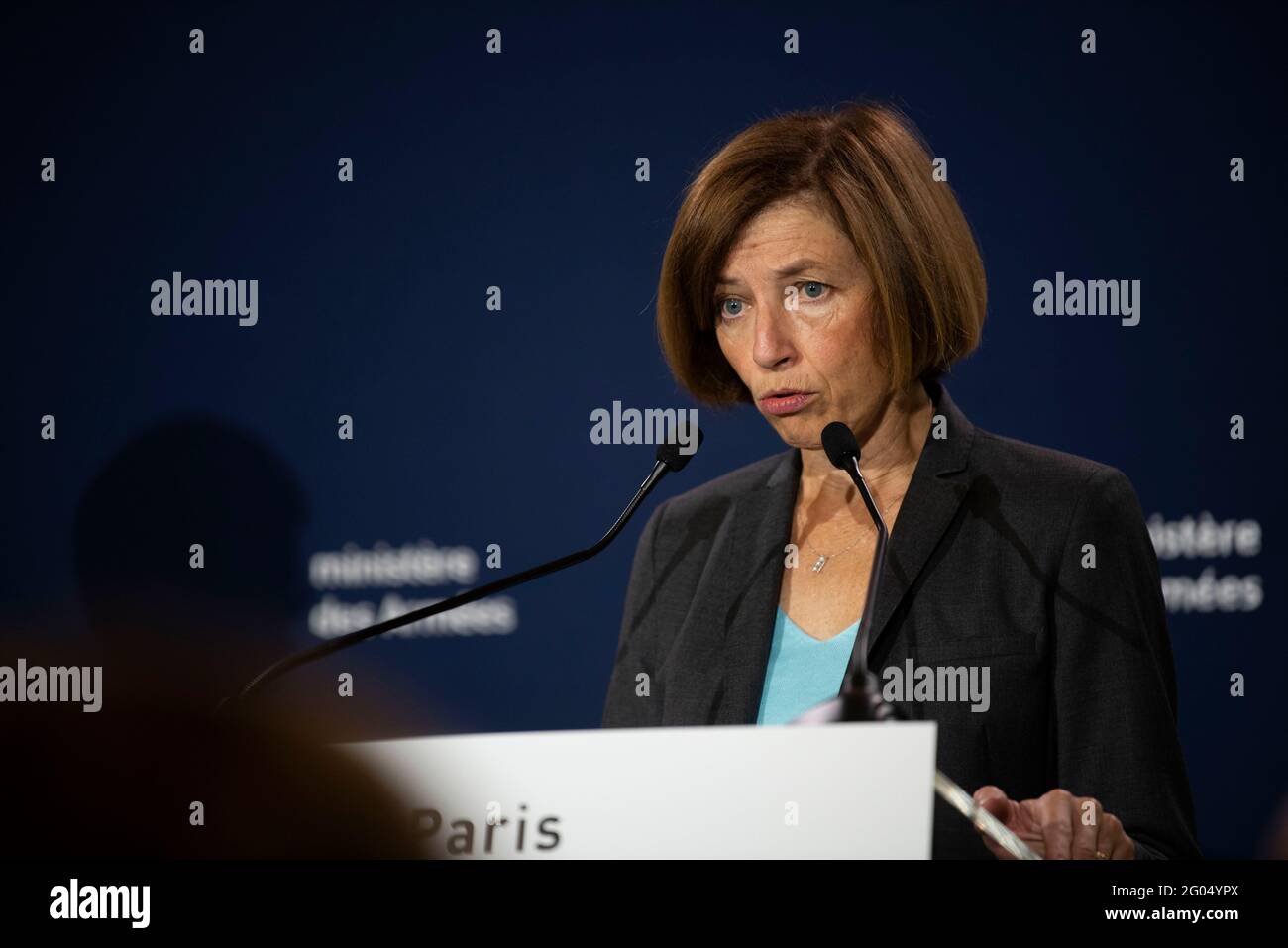 Die französische Verteidigungsministerin Florence Parly spricht auf einer Pressekonferenz mit Verteidigungsminister Dr. Mark T. Esper, Hotel de Brienne, Paris, 7. September 2019. Stockfoto