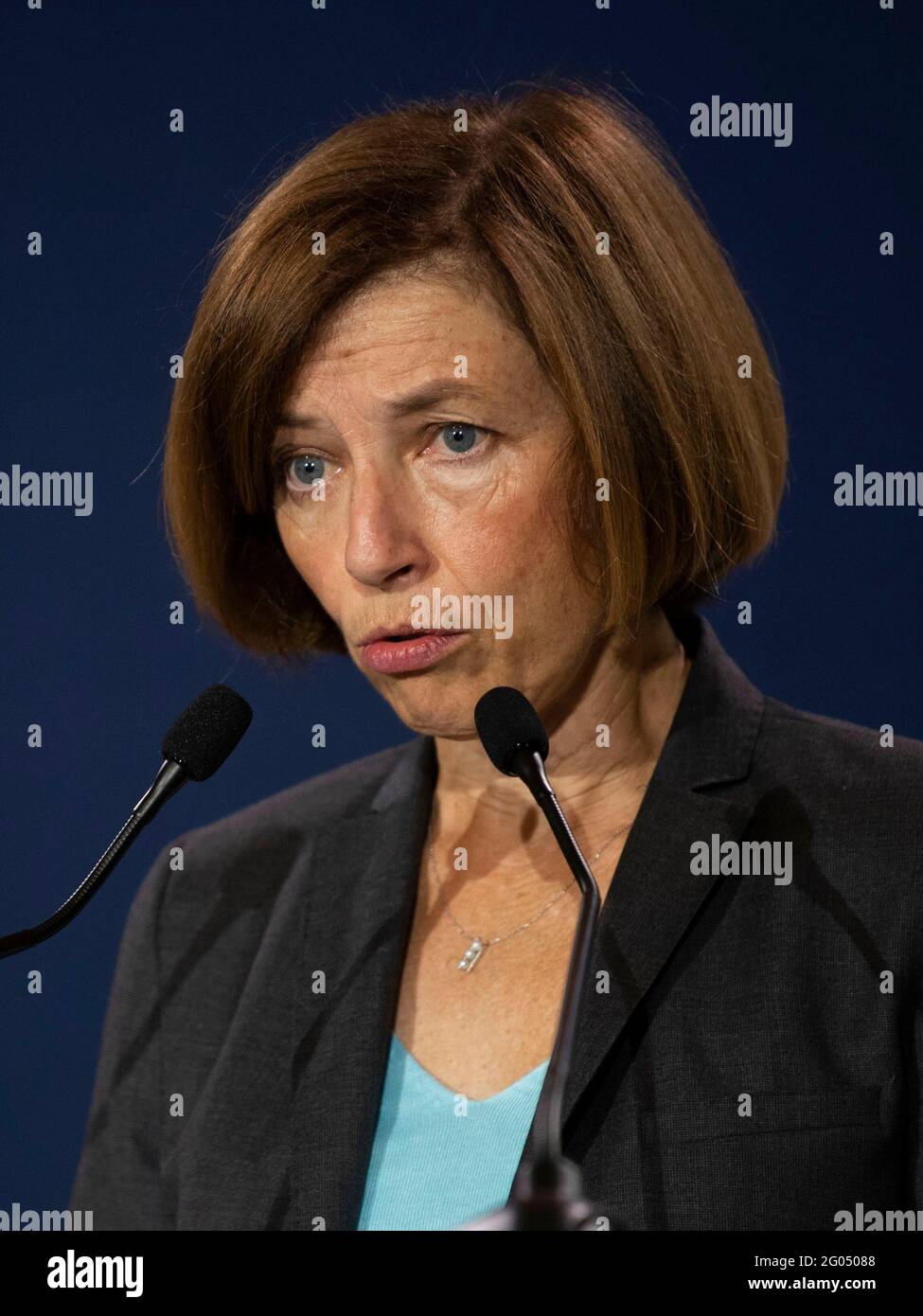 Berichtet: Die französische Militärministerin Florence Parly spricht auf einer Pressekonferenz im Hotel de Brienne, Paris, am 7. September 2019. Stockfoto