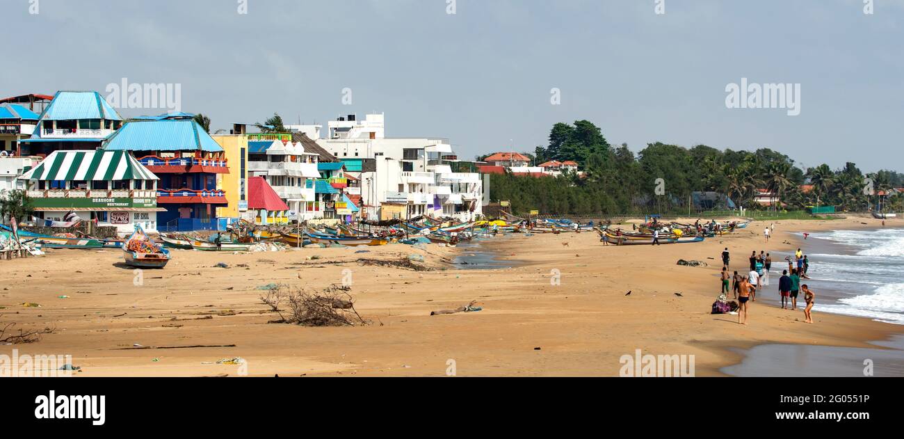 Der Strand, Mamallapuram Panorama, Tamil Nadu, Indien Stockfoto