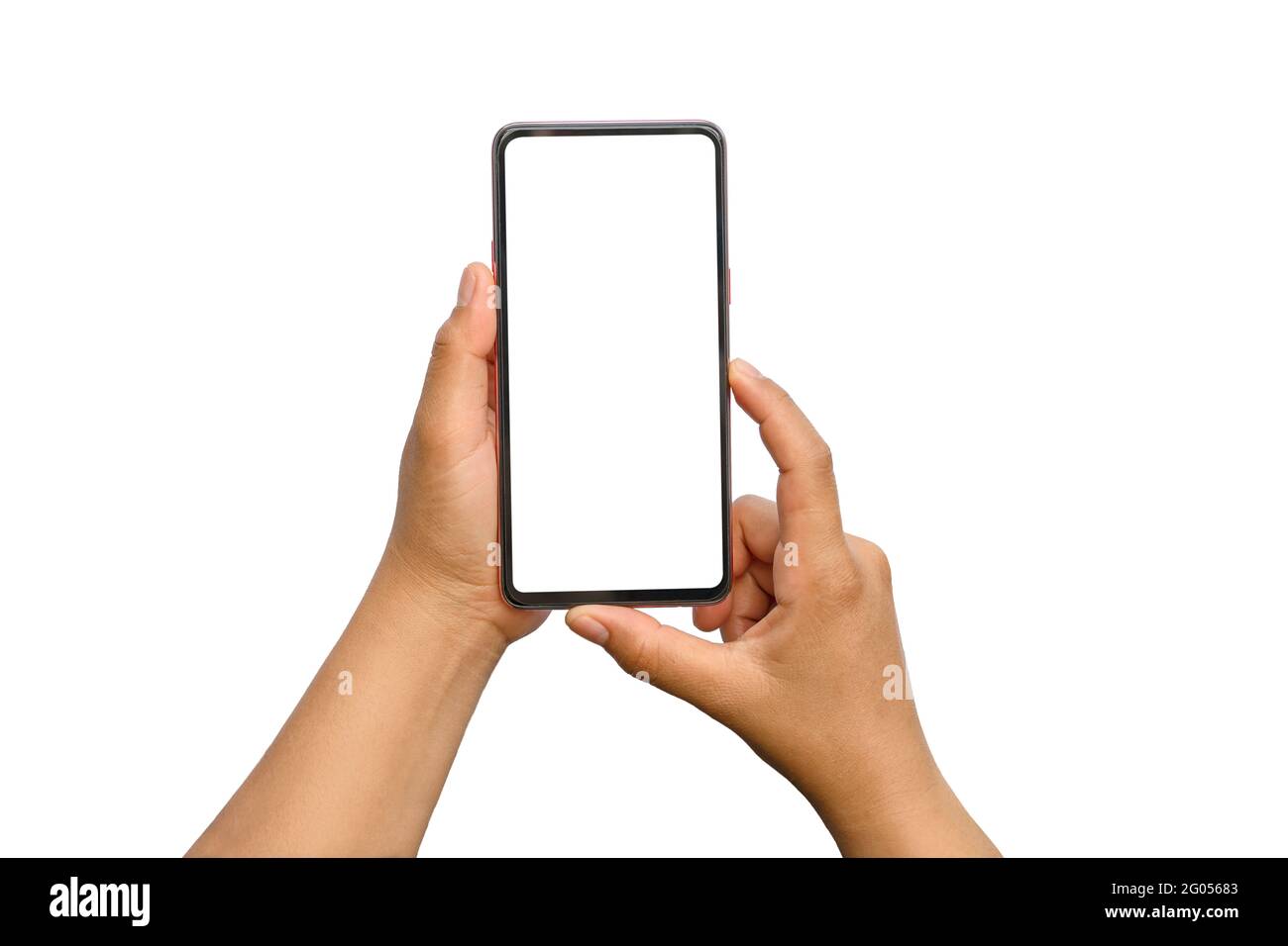 Nahaufnahme von zwei Händen, die Mobiltelefone halten, weißer Bildschirm auf weißem Hintergrund mit Beschneidungspfad getrennt. Stockfoto