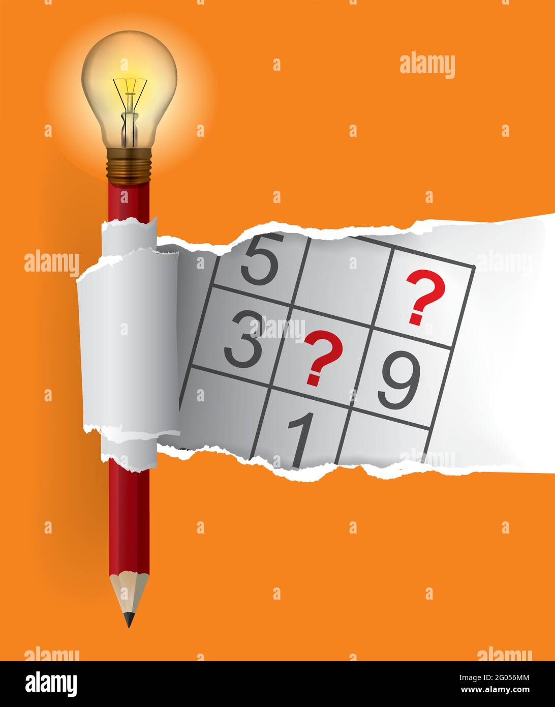 Smart Pencil mit Glühbirne und Sudoku, zerrissenes Papier. Illustration eines orangefarbenen zerrissenen Papierhintergrunds mit verspieltem Sudoku-Motiv. Vektor verfügbar Stock Vektor