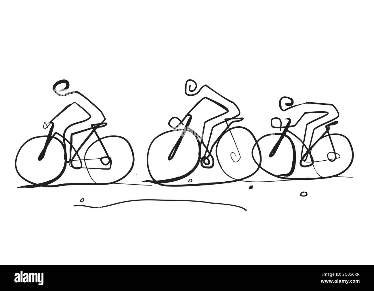 Radtour, Linienkunst stilisierte Karikatur. Schwarz-Weiß-Zeichnung von drei Radfahrern in einer abstrakten Landschaft. Vektor verfügbar. Stock Vektor