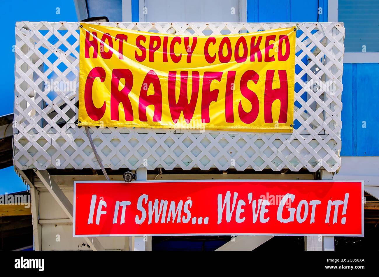 Ein Schild wirbt mit heißen und würzigen gekochten Langusten bei Billy’s Seafood am Bon Secour River, 27. Mai 2021, in Bon Secour, Alabama. B Stockfoto