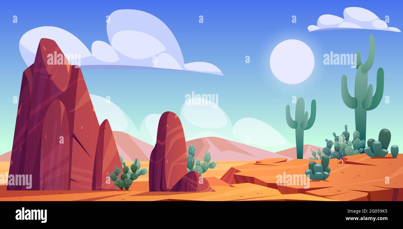 Wüstenlandschaft mit Felsen, Kakteen und Bergen auf der Skyline. Vektor-Cartoon-Illustration von heißen Sandwüste in Afrika mit Steinen, Düne, Pflanzen und Sonne am Himmel Stock Vektor