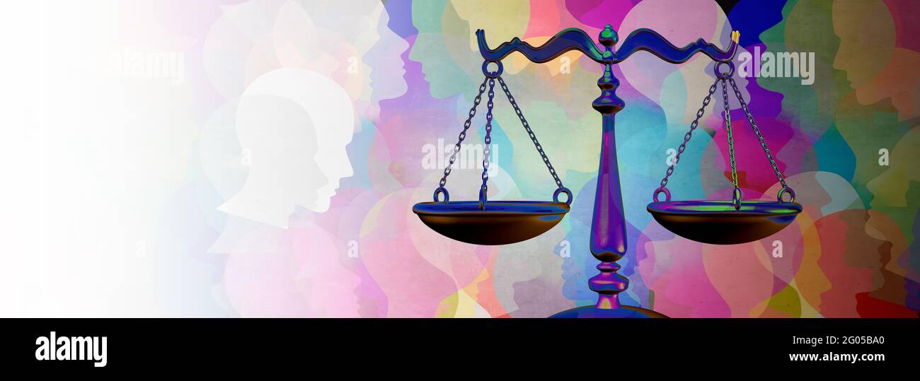 Soziale Gerechtigkeit Gleichstellungsrechte als eine Menge verschiedener Menschen mit einem Rechtssymbol, das Gemeinschaftsrecht und ein gleichberechtigtes Recht repräsentiert. Stockfoto