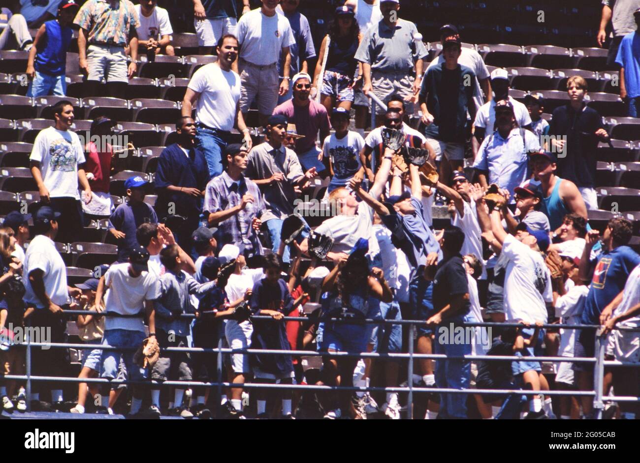 Baseballfans der Major League in einem Stadion im Juli 1996 fangen Baseballfans an den Tribünen einen Heimlauf -- Bitte schreiben Sie der Fotografin Kirk Schlea Anerkennung Stockfoto