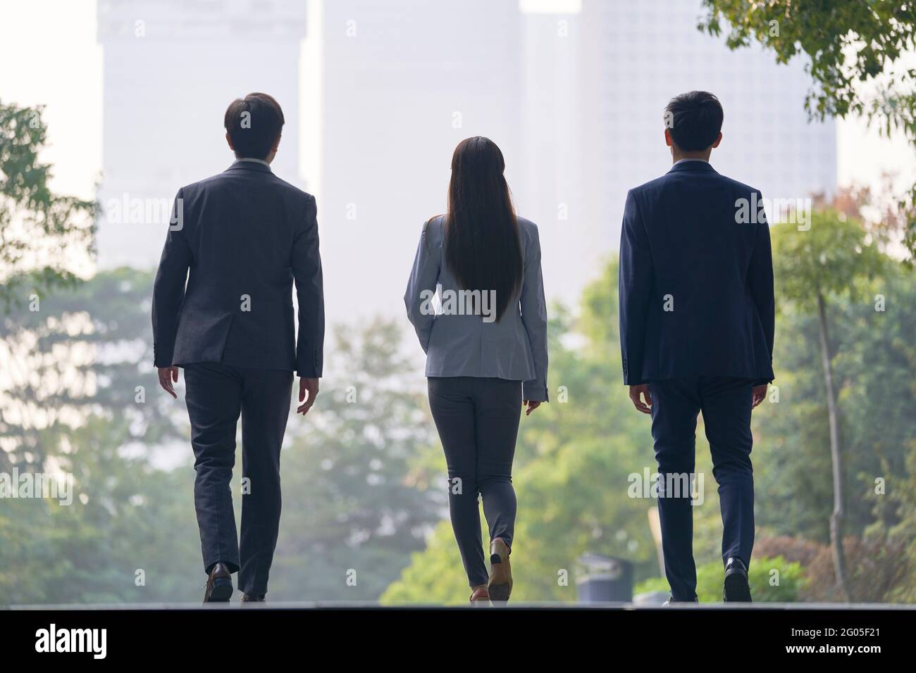 Rückansicht von drei jungen erfolgreichen asiatischen Geschäftsleuten, die zu Fuß unterwegs waren Auf der Straße Stockfoto