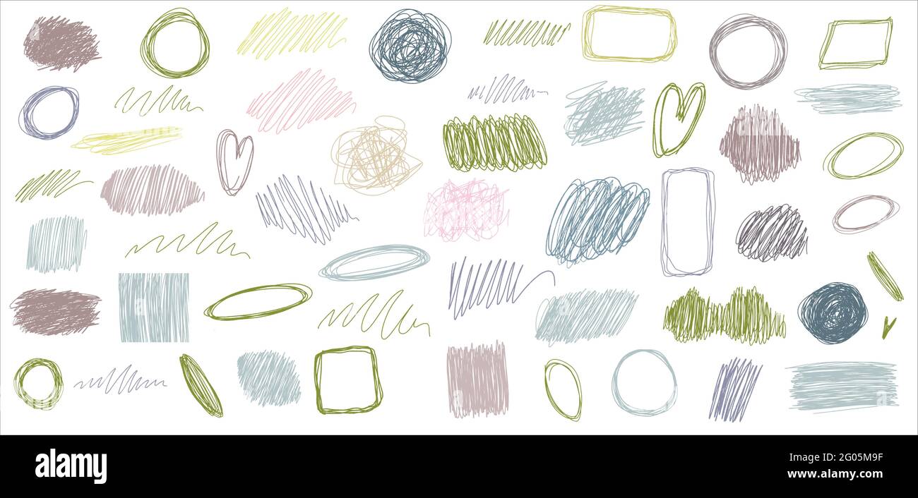 Bleistiftzeichnung. Eine Reihe von Elementen für das Design: Konturen, Rahmen, Punkte, Streifen, Linien, Scribbles. Pastellfarben. Leerer Raum für Text. Vektor Stock Vektor