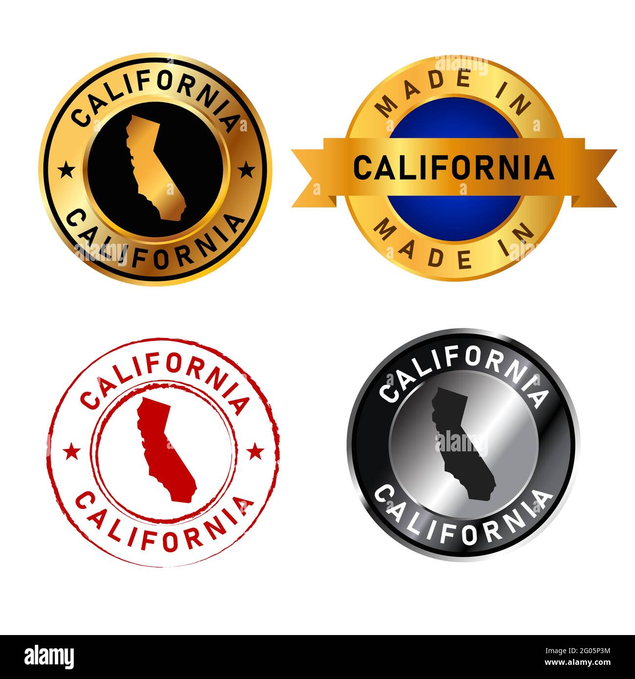California Abzeichen Gold Stempel Gummiband Kreis mit Kartenform Der Länderstaaten Amerika Stock Vektor