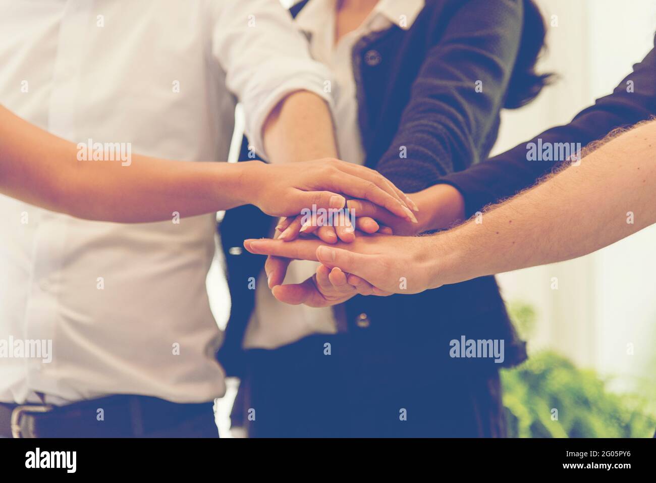 Gruppe von Vielfalt Menschen mit Erfolg Partnerschaft fist bump der Hände werden Energie- und Unified Teams im Büro zu zeigen. Business Teamarbeit Vertrauen in p Stockfoto