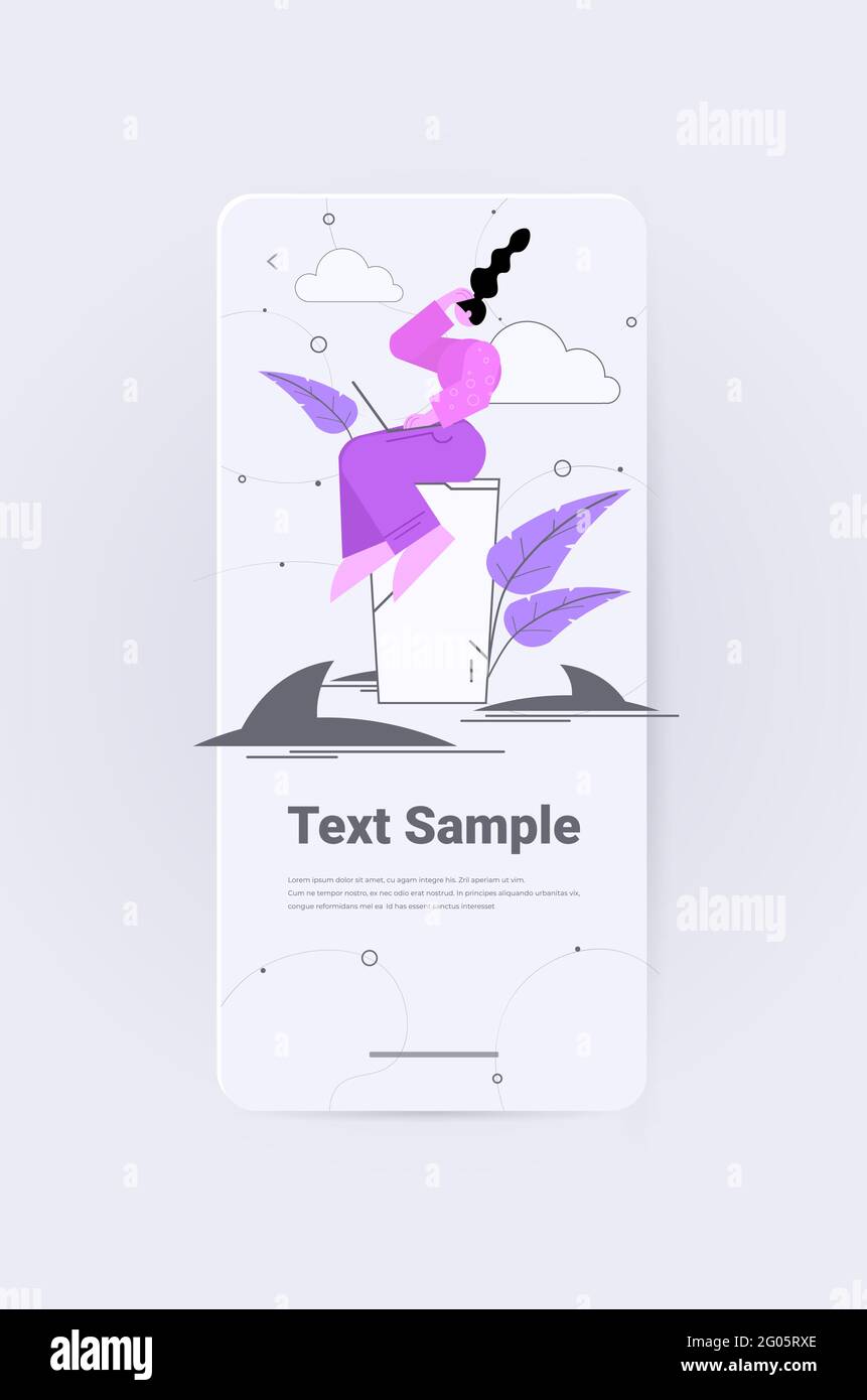 Geschäftsfrau Team in Schwierigkeiten Geschäftsfrau löst Probleme auf der Insel Mit Haien im Wasser Risikokonzept Stock Vektor