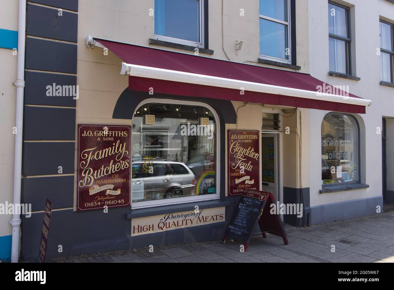 Seit langem etablierter Familienschlachter in Narberth, Wales. Stockfoto