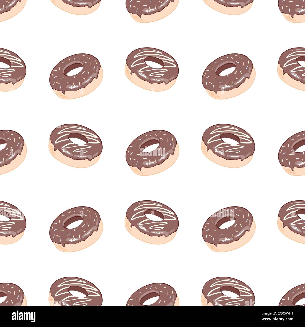 Donut-Nahtloses Muster. Ein Donut mit rosa Zuckerguss. Donut auf weißem Hintergrund. Gestaltung des Restaurantmenüs. Eine Bitmap-Abbildung eines Stock Vektor
