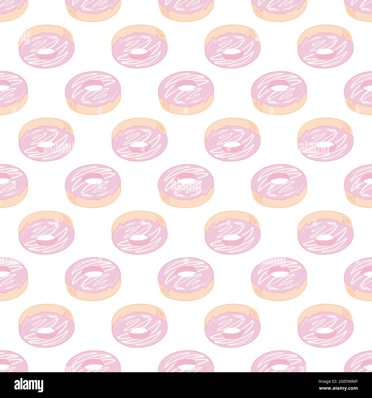 Donut-Nahtloses Muster. Ein Donut mit rosa Zuckerguss. Donut auf weißem Hintergrund. Gestaltung des Restaurantmenüs. Eine Bitmap-Abbildung eines Stock Vektor