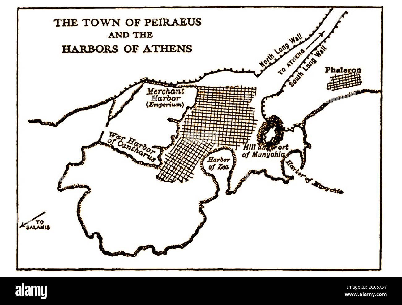Eine Skizzenkarte aus dem Jahr 1914 von der Stadt Peiraeus oder Pirias (Piräus) und dem Hafen von Athen, wie er damals war. Die Franken gaben ihm den Namen 'Porto Draco' und wurden von den Türken als 'asiatischer Hafen' bezeichnet. Piräus heute ist es der Haupthafen von Athen, der größte Hafen in Griechenland, Es war vor kurzem als Porto Leone bekannt, ein Name, der von dem riesigen Steinlöwen stammt, der den Eingang des Hafens bewachte. Der Löwenlöwe wurde 1688 während der Zeit von Fr. Morozinis Expedition gegen Athen und nach Venedig gebracht, wo sie noch zu sehen ist. Stockfoto