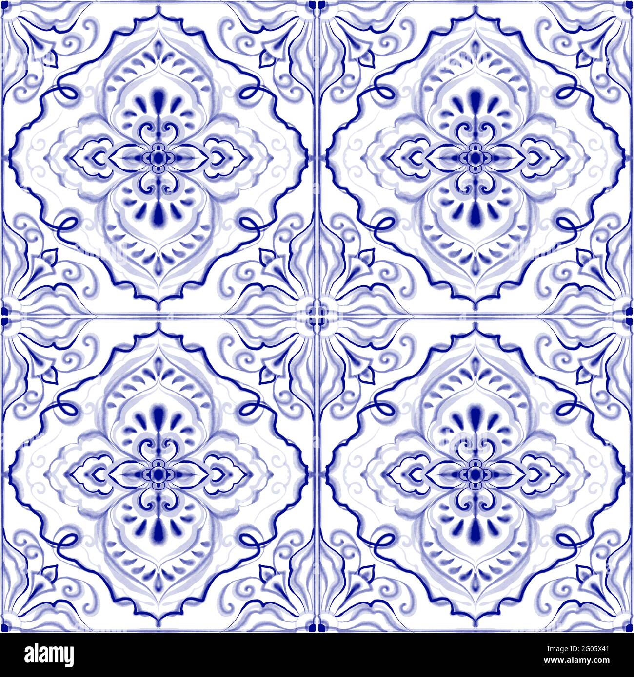 Blau-weißes, nahtloses florales Muster, klassische Paisley-Quadrate, traditionelle ethnische Motive. Stockfoto