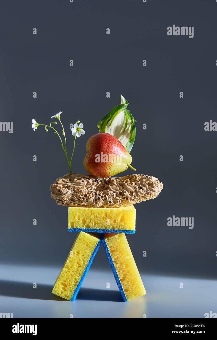 Kreative Komposition aus Lebensmitteln, Schwämmen, Holz und Blumen. Werbeidee. Minimales Naturkonzept. Sauberes und gesundheitsförderliches Konzept. Speicherplatz kopieren. Stockfoto