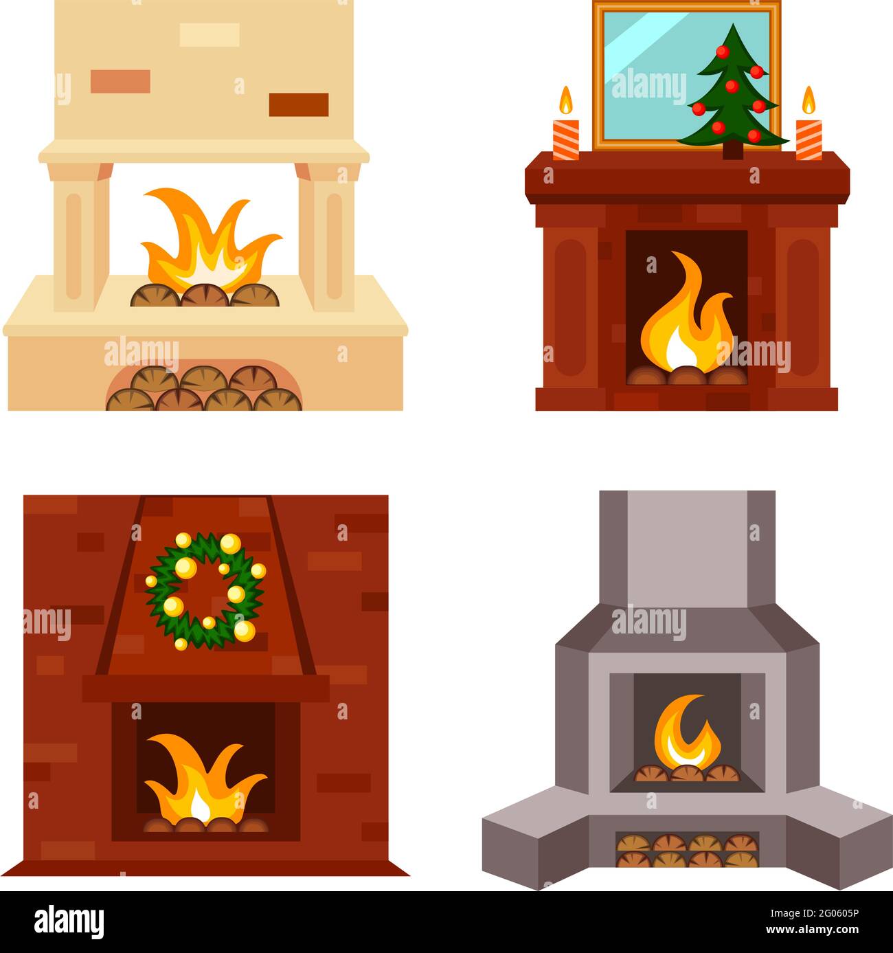 Bunte Cartoon Kamin Set. Warme Winterheizungen und Holzbrenner. Weihnachtsthema Vektor Illustration für Poster, Label, Geschenkkarte oder invitat Stock Vektor