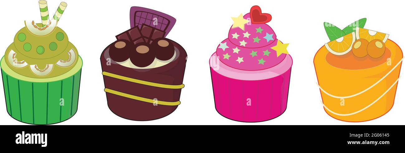 Set von Cupcakes Geschmack-Kiwi, Schokolade, Erdbeere und Orange Stock Vektor