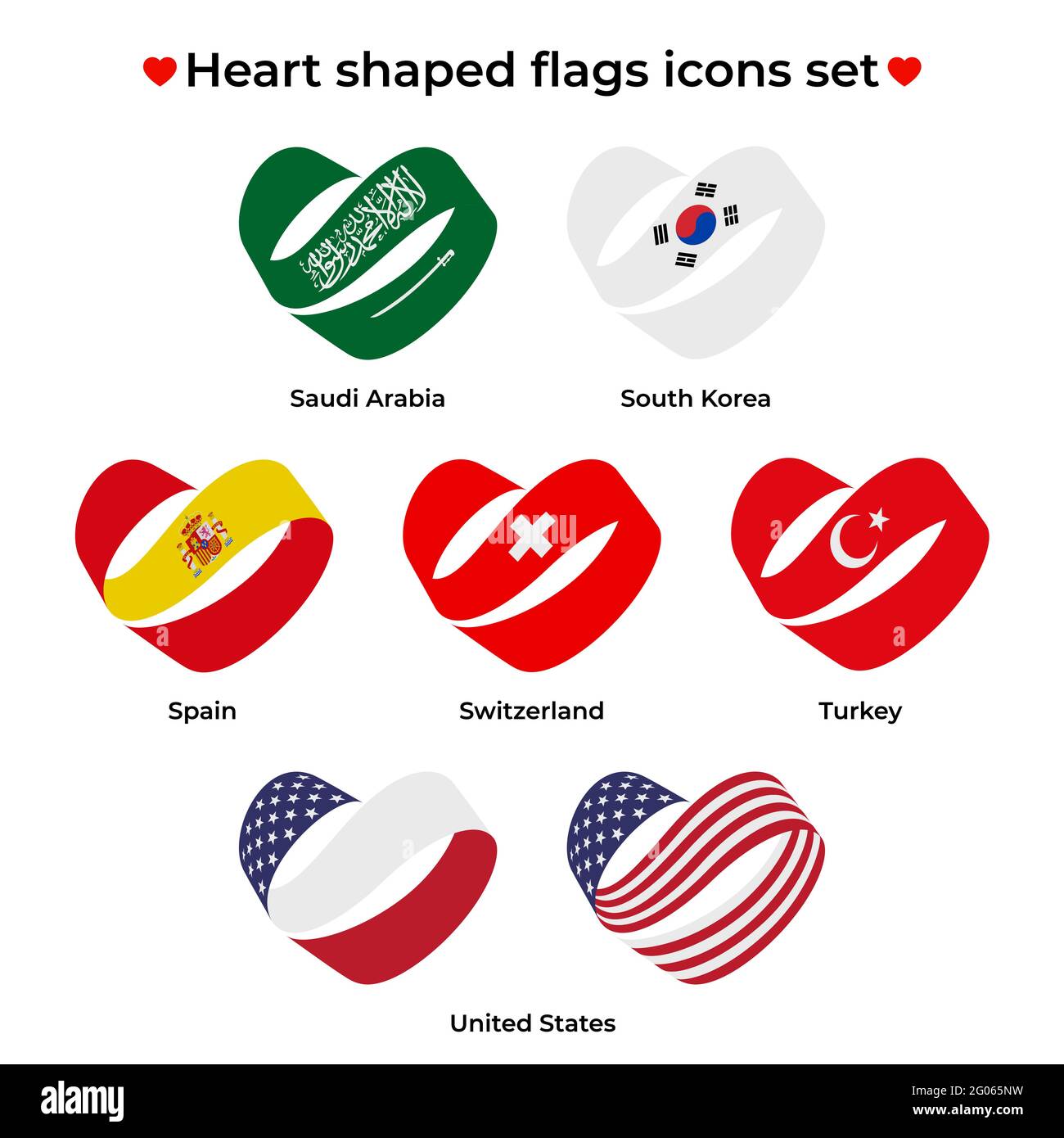 Symbole für herzförmige Flaggen gesetzt. Symbol-Flag von Ribbon Locken. Vektorsymbol, Symbol, Schaltfläche. Abbildung in flacher Ausführung Stock Vektor