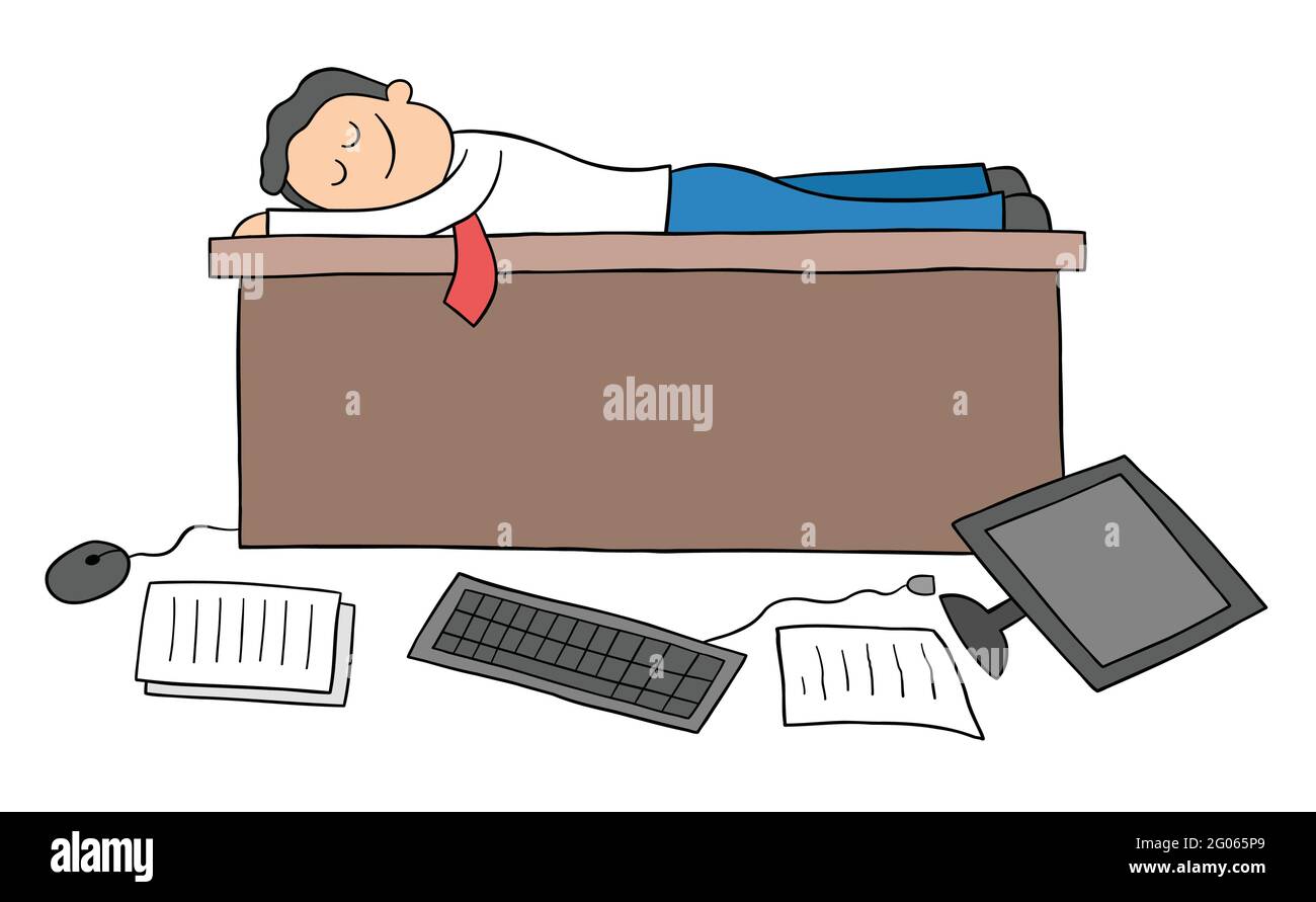 Cartoon-Mann warf den Computer und die Papiere auf den Boden und schläft auf dem Schreibtisch, Vektor-Illustration. Schwarz umrandet und farbig. Stock Vektor