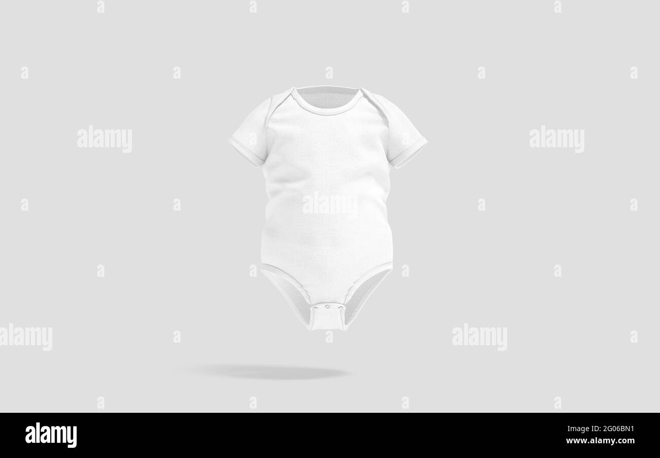 Weißer, halbärmeliges Baby-Bodysuit-Modell, grauer Hintergrund, 3d-Rendering. Overalls aus leerer Baumwolle oder Jumpsuit für Kinder im Kinderlook, Vorderansicht. Klare pa Stockfoto