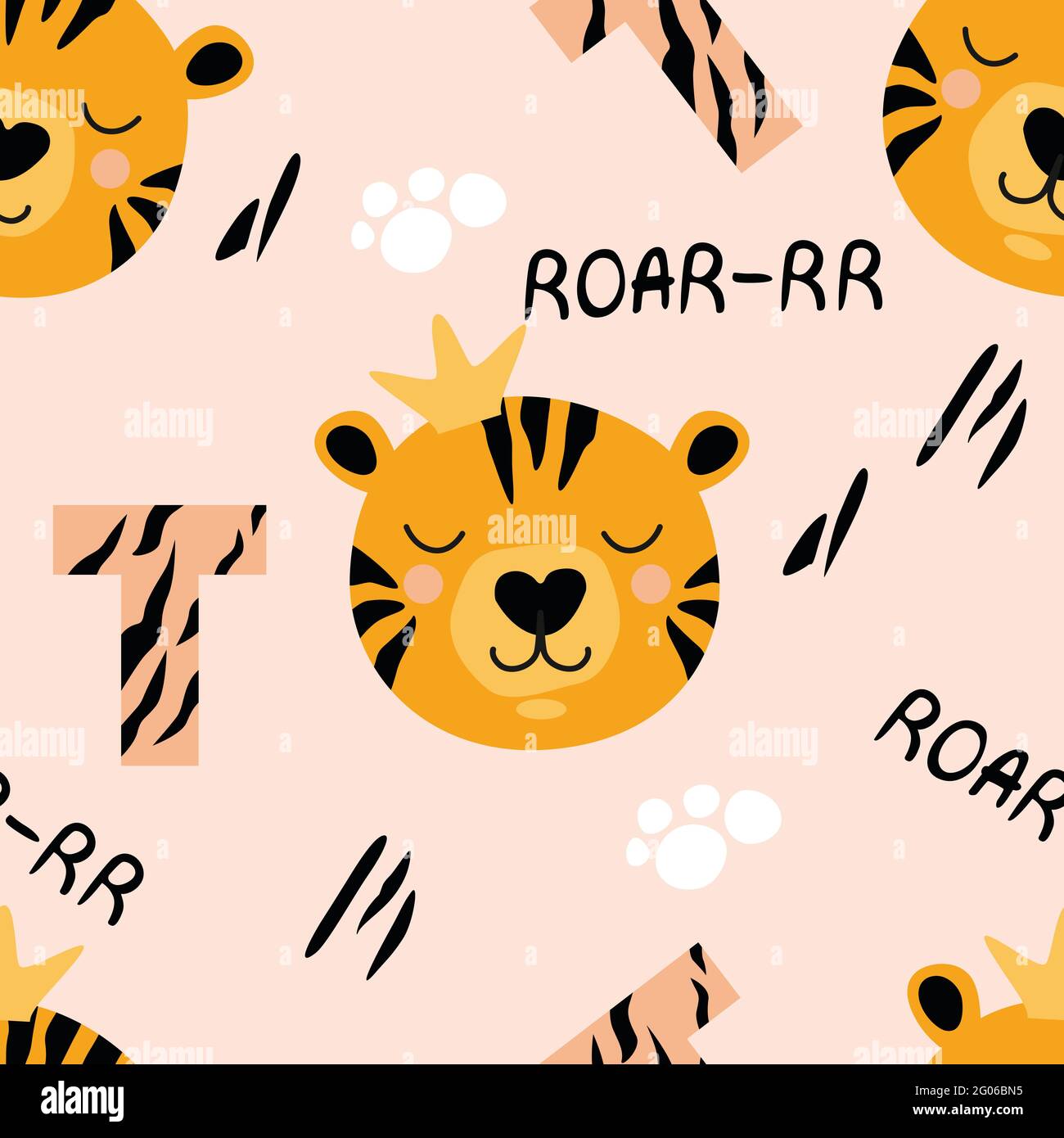 Muster mit einem niedlichen Tiger im flachen Stil, für T-Shirts, Poster und Prints für Kinder. Vektor Stock Vektor