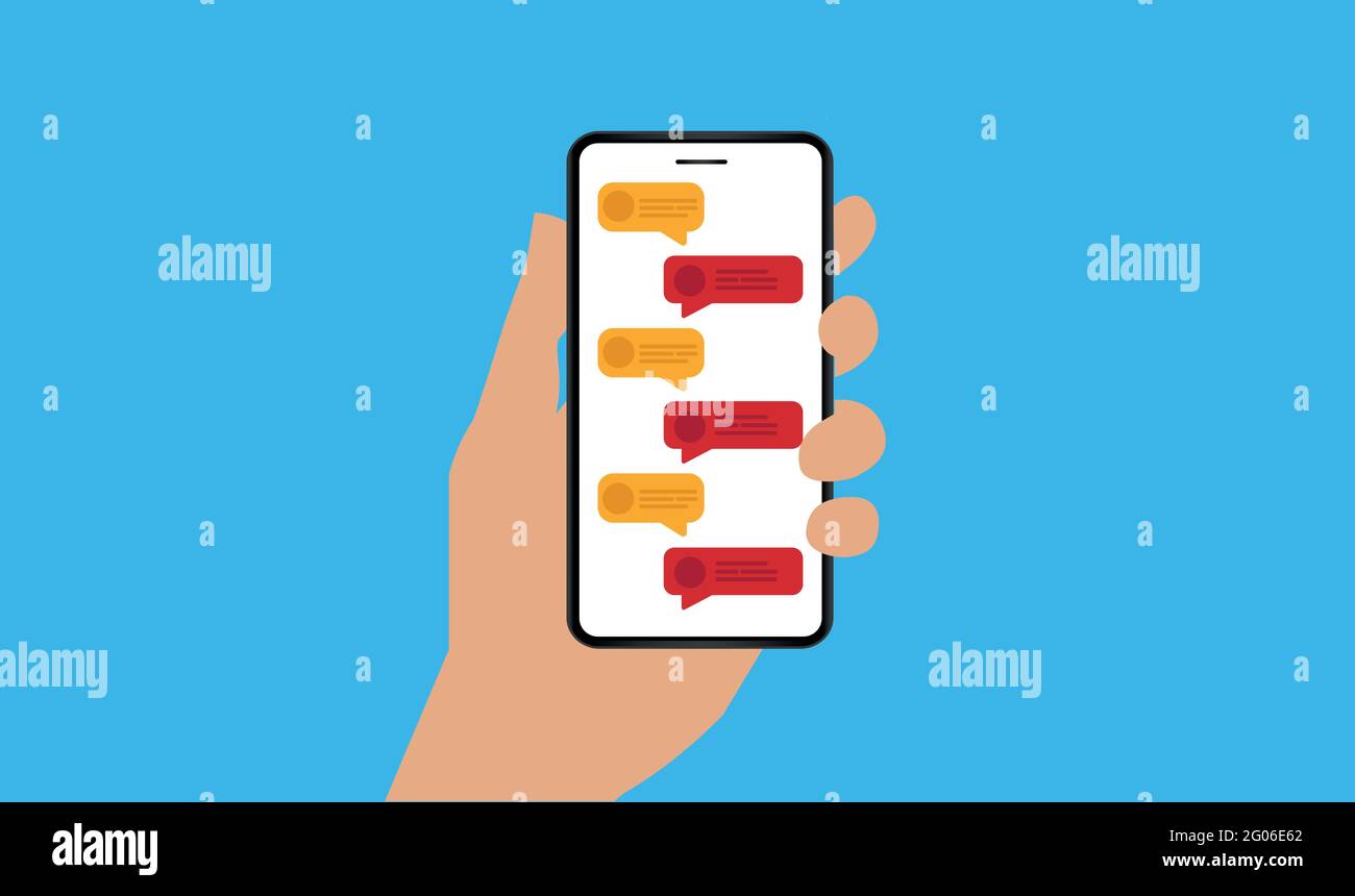 Hand hält Mobiltelefon mit Textblasen auf dem Bildschirm. Stock Vektor