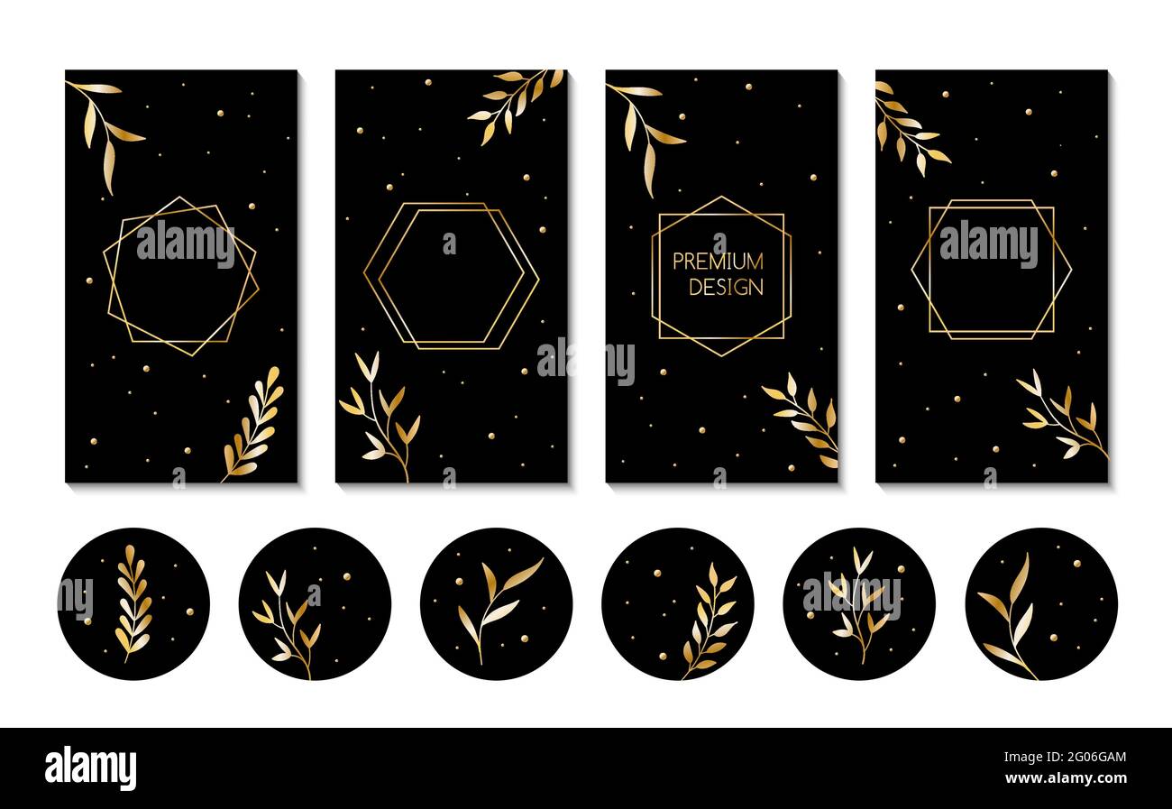 Vorlagen für Vektorgeschichten und Titelsymbole für soziale Medien hervorheben. Abstrakte schwarze Hintergründe mit goldenen Blättern für instagram-Blogger Stock Vektor