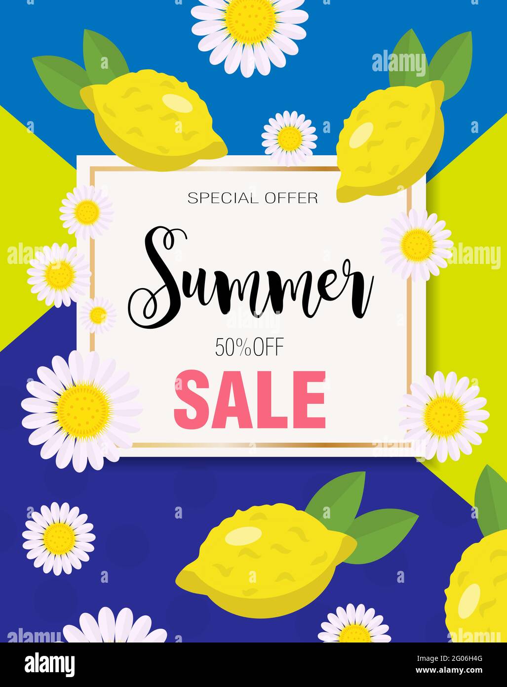 Sommer Verkauf Poster Hintergrund mit schönen gelben Zitronen. Vector Summertime Konzept. Aktionsvorlage für Ihr Design Stock Vektor