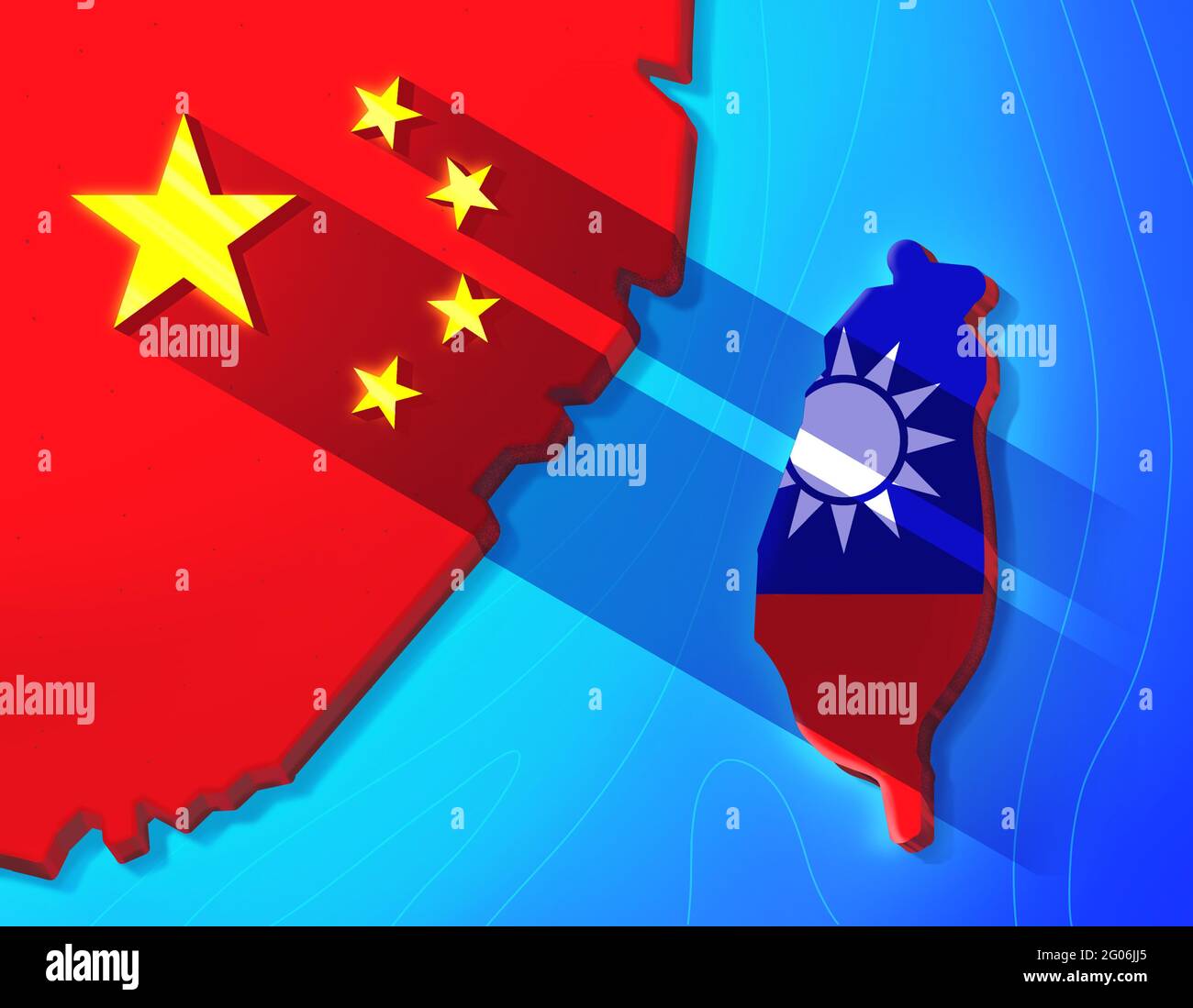 Darstellung der Beziehungen zwischen China und Taiwan. Schatten der chinesischen Ambitionen für Taiwan. Stockfoto
